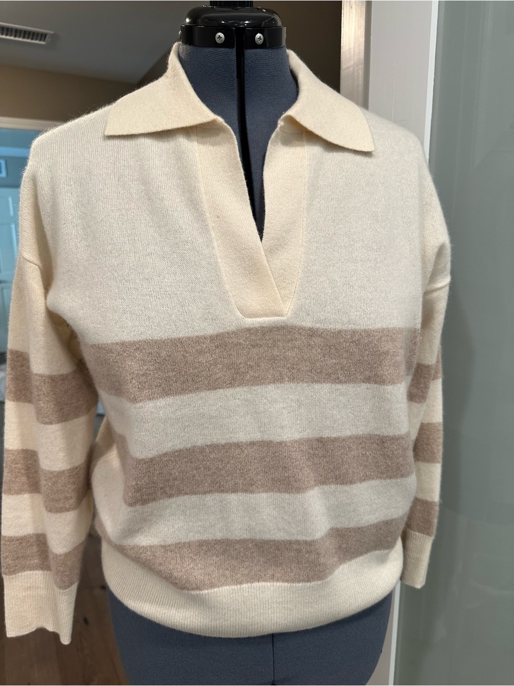 Joie cashmere Cream and Taupe Striped V-Neck Polo Sweater
